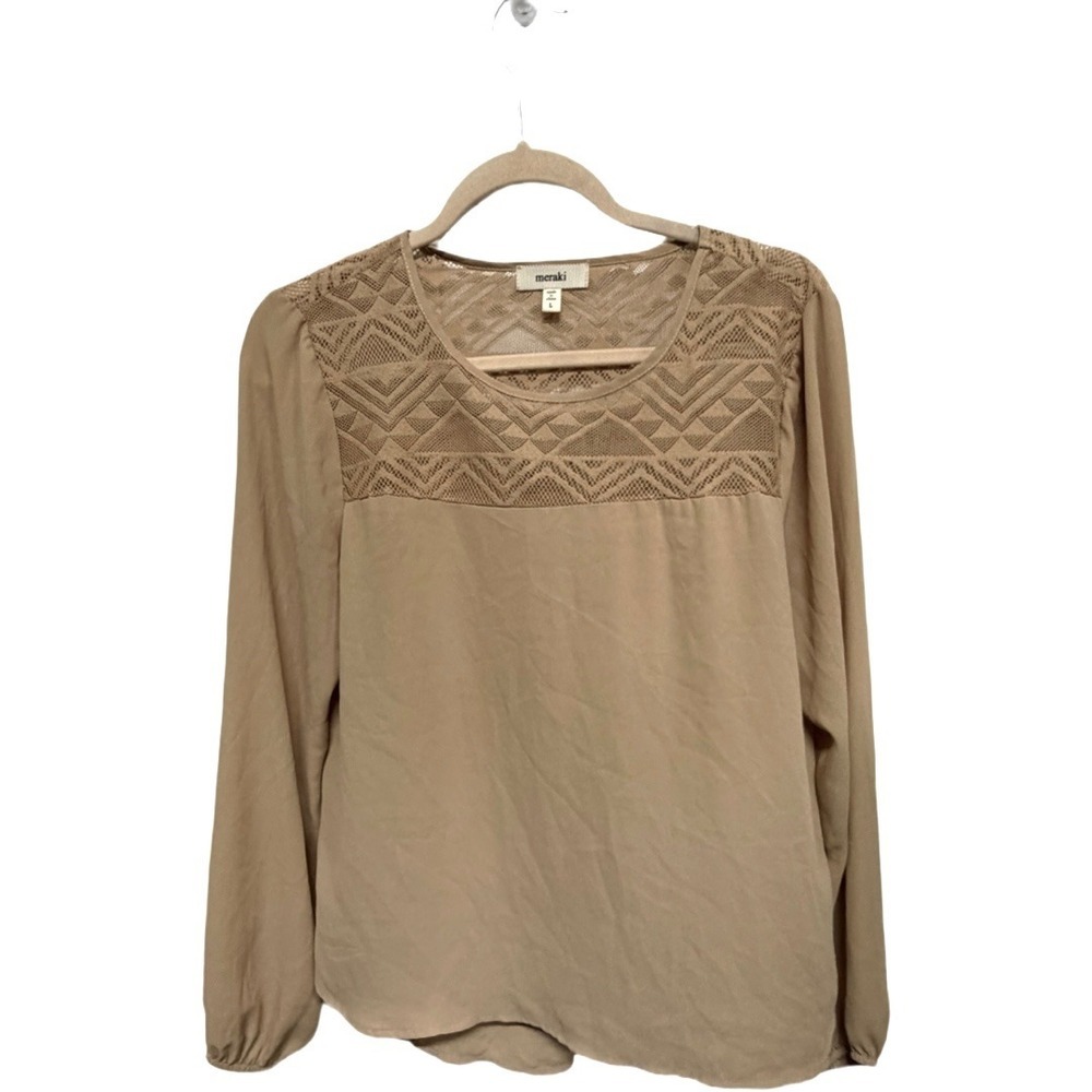 Meraki Women's Large Taupe Long Sleeve Blouse Lace Yoke Boho Casual Lightweight